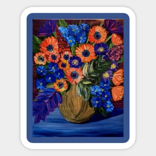 Bright and colorful abstract flowers in a bronze and purple vase Sticker